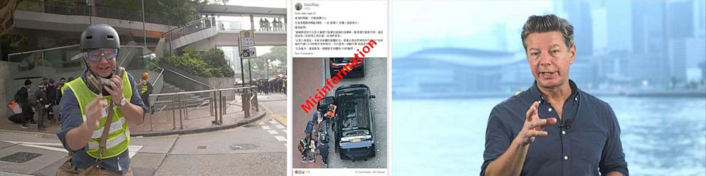 PHOTO: A composite image shows ABC's Ian Pannell reporting from Hong Kong wearing a high visibility vest, left, an image circulating on social media of Pannell while changing his shift, center, and in a clean shirt, reporting on camera, Oct. 1, 2019.