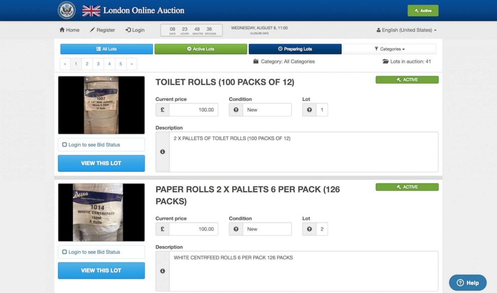 PHOTO: Surplus property is being sold online at the U.S. Embassy online auction in London including pallets of toilet rolls.