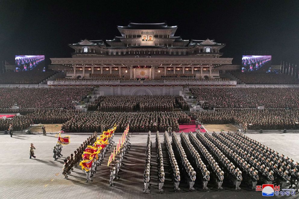 PHOTO: Troops take part in a military parade to mark the 75th founding anniversary of North Korea's army, at Kim Il Sung Square in Pyongyang, North Korea, Feb. 8, 2023, in this photo released by North Korea's Korean Central News Agency.