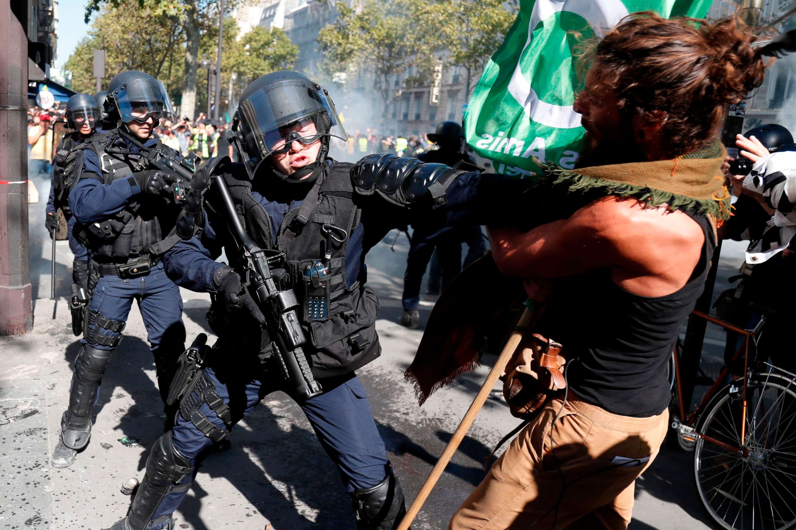 PHOTO: A demonstrator clashes with riot policemen during the Climate Change protest, on Sept. 21, 2019 in Paris.