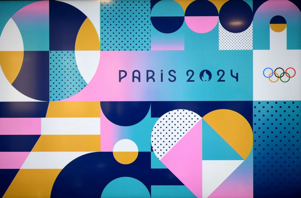 PHOTO: This photograph taken on Feb. 8, 2023, shows the logo, dominant colours and visual identity for the Paris 2024 Olympic and Paralympic Games, during the presentation of the event's designs, in Saint-Denis, north of Paris.