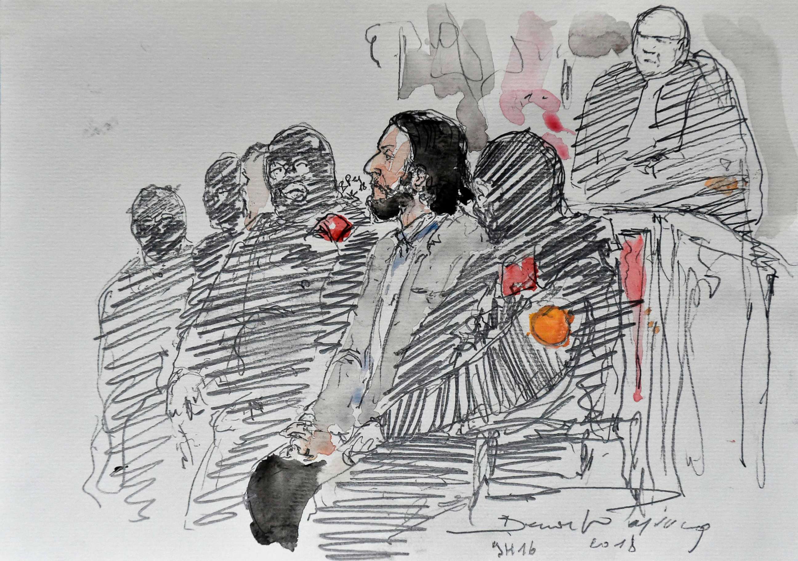 PHOTO: A courtroom sketch shows Salah Abdeslam, a suspect in the November 2015 Paris attacks, prior to the opening of his trial at the "Palais de Justice" courthouse in Brussels, Feb. 5, 2018.