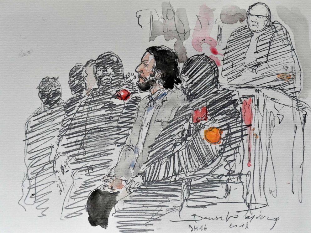 PHOTO: A courtroom sketch shows Salah Abdeslam, a suspect in the November 2015 Paris attacks, prior to the opening of his trial at the Palais de Justice courthouse in Brussels, Feb. 5, 2018.