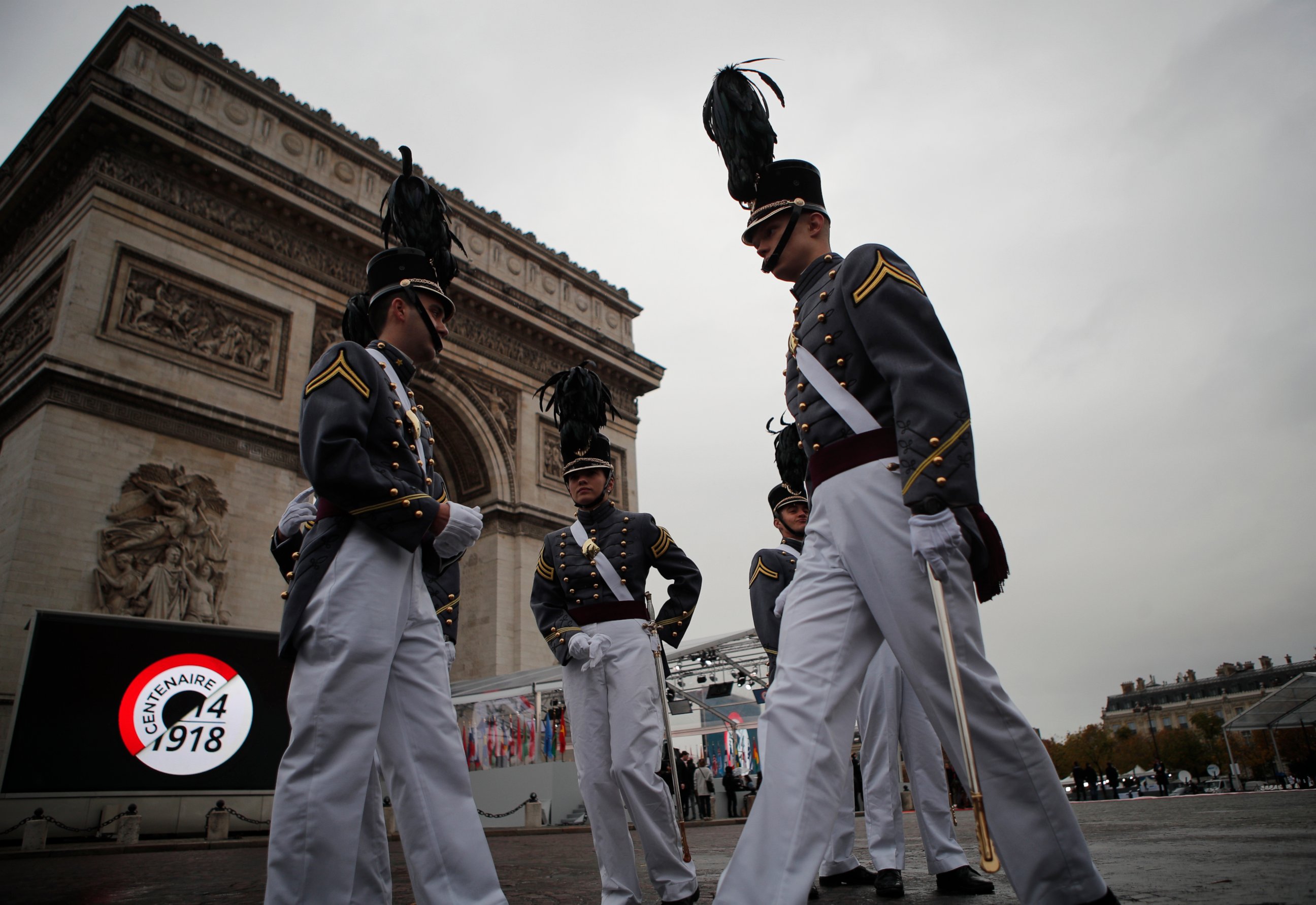 PHOTO: Cadets form the New York military academy wait near the Arc de Triomphe Sunday, Nov. 11, 2018 in Paris. More than 60 heads of state and government are in France for the Armistice ceremonies at the Tomb of the Unknown Soldier in Paris.