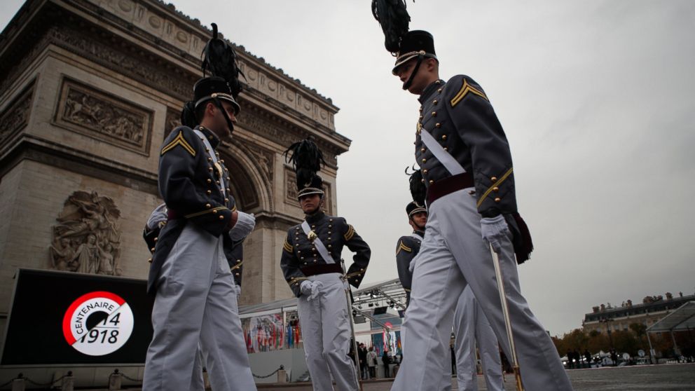 PHOTO: Cadets form the New York military academy wait near the Arc de Triomphe Sunday, Nov. 11, 2018 in Paris. More than 60 heads of state and government are in France for the Armistice ceremonies at the Tomb of the Unknown Soldier in Paris.