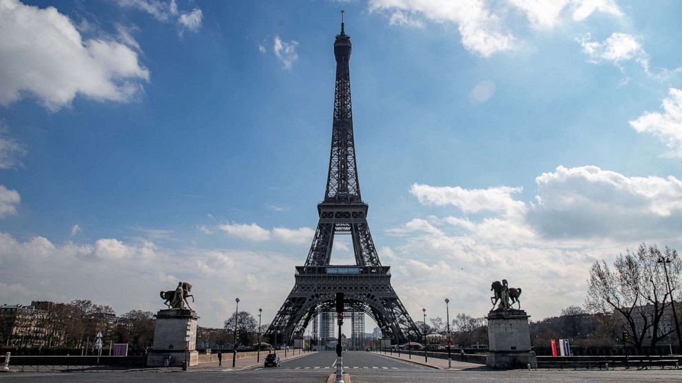 PHOTO: A view at the Eiffel tower on the second day after the announcement by French President Emmanuel Macron of the confinement of the French due to an outbreak of coronavirus pandemic, March 18, 2020, in Paris.