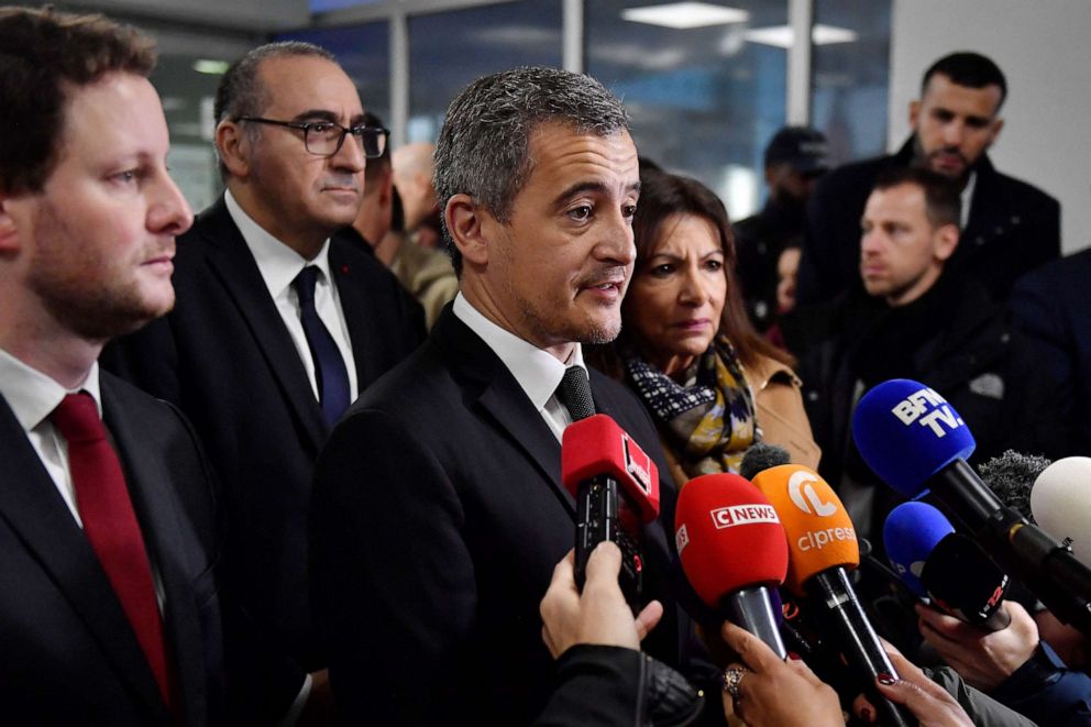 French Interior Minister Gerald Darmanin talks to the press next to Junior Minister for Transports Clement Beaune (L), Paris' Mayor Anne Hidalgo (4thL) and Paris Police Prefect Laurent Nunez (2ndL) at Paris' Gare du Nord train station on Jan. 11, 2023.