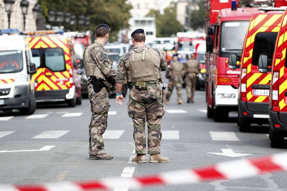 PHOTO: Military forces establish a security perimeter near Paris police headquarters in Paris, Oct. 3, 2019.