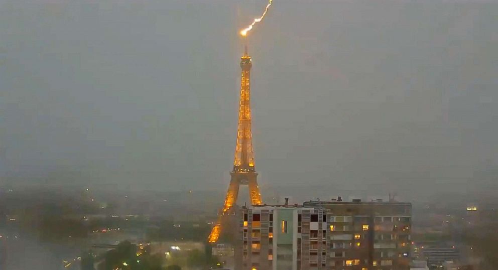 PHOTO: Lightning struck the Eiffel Tower in Paris on May 28, 2018.