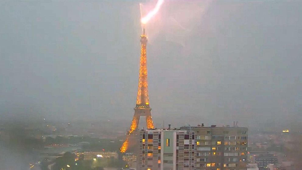 PHOTO: Lightning struck the Eiffel Tower in Paris on May 28, 2018.
