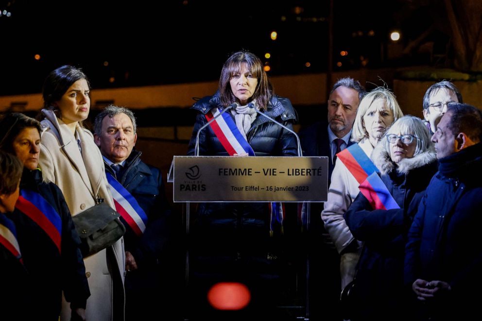 PHOTO: Paris Mayor Anne Hidalgo delivers a speech on the Trocadero Esplanade during an event to display the slogan "Woman. Life. Freedom." on the Eiffel Tower, in a show of support to the Iranian people, in Paris, on Jan. 16, 2023.