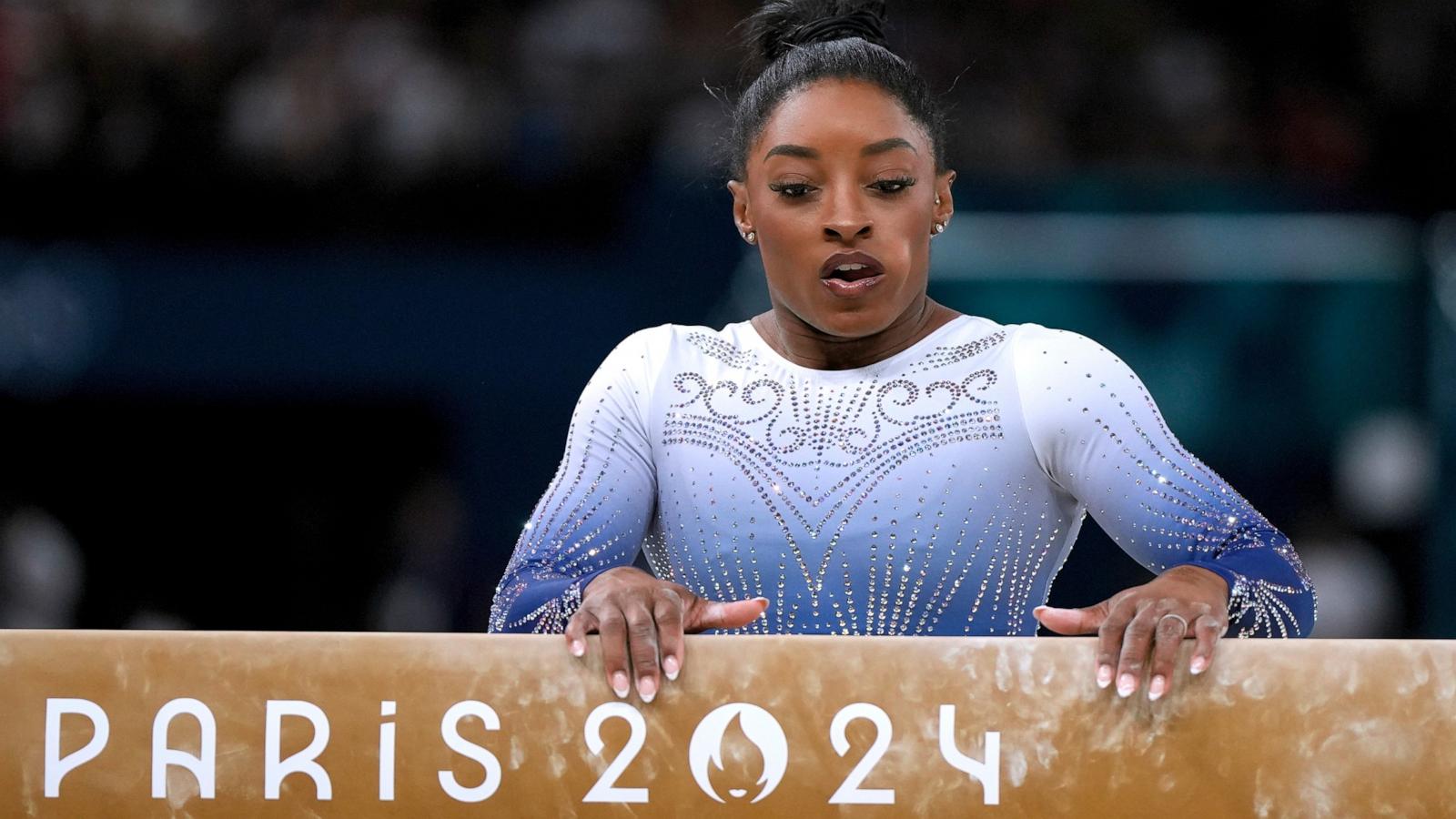 PHOTO: Simone Biles, of the U.S. pauses after falling during the women's artistic gymnastics individual balance beam finals at the 2024 Paris Olympics, Aug. 5, 2024.