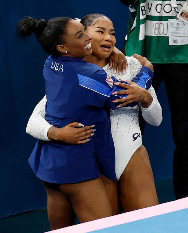 PHOTO: Silver medalist Simone Biles the U.S. hugs bronze medalist, Jordan Chiles of the U.S. during the women's artistic gymnastics individual floor exercise final at the 2024 Paris Olympics, Aug. 5, 2024.