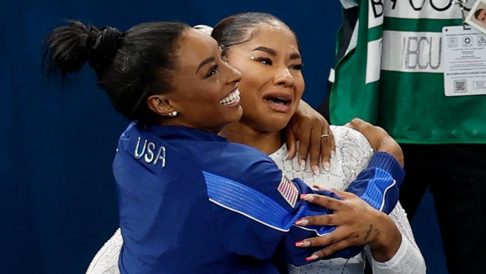 PHOTO: Silver medalist Simone Biles the U.S. hugs bronze medalist, Jordan Chiles of the U.S. during the women's artistic gymnastics individual floor exercise final at the 2024 Paris Olympics, Aug. 5, 2024.