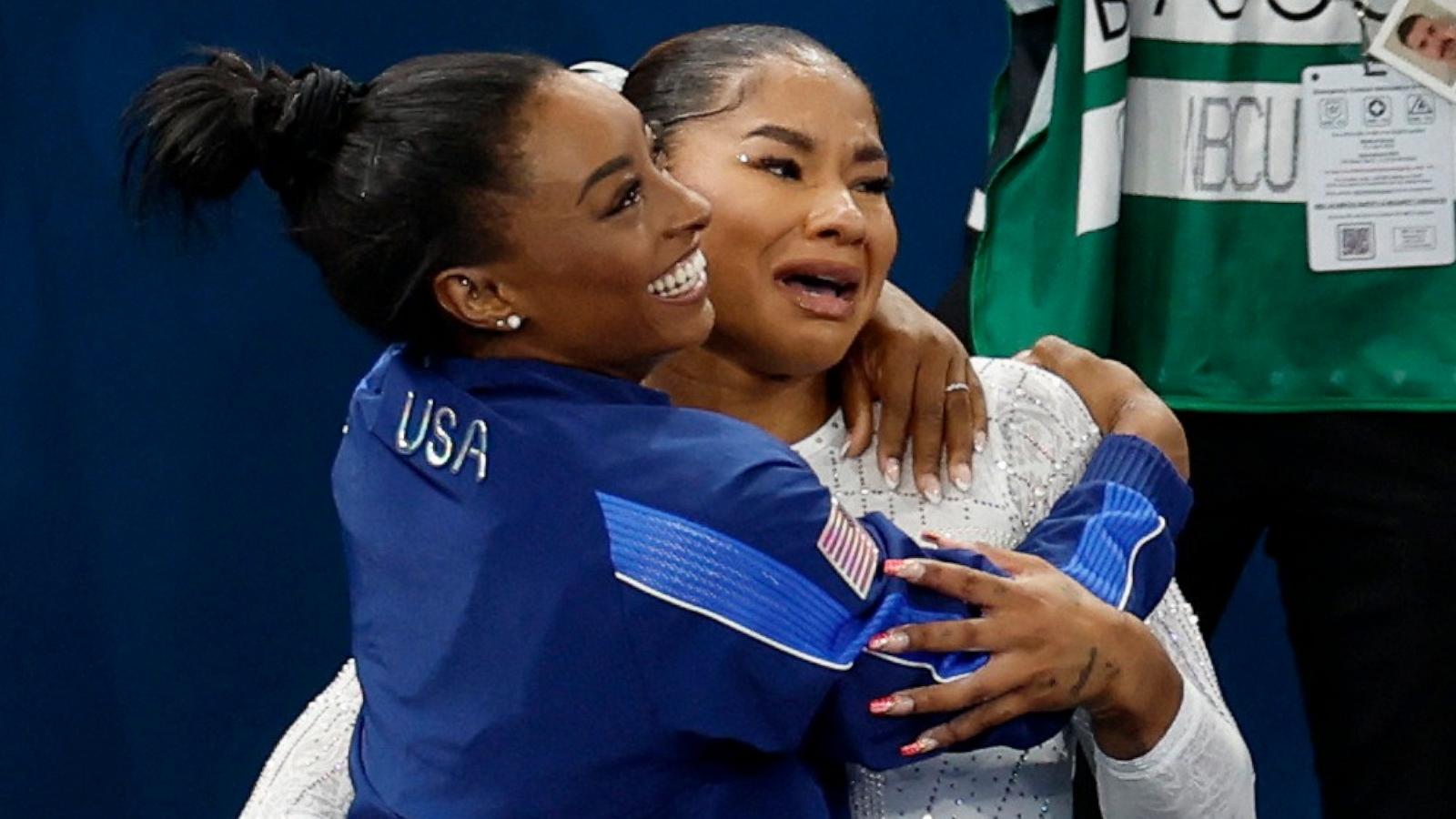 PHOTO: Silver medalist Simone Biles the U.S. hugs bronze medalist, Jordan Chiles of the U.S. during the women's artistic gymnastics individual floor exercise final at the 2024 Paris Olympics, Aug. 5, 2024.