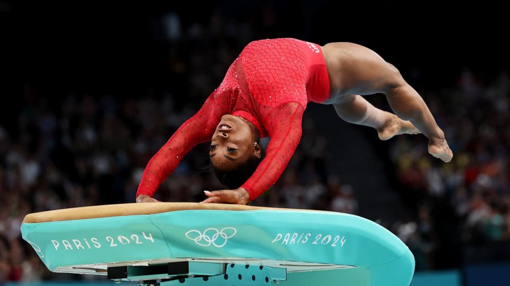 PHOTO: Simone Biles of the U.S. competes in the artistic gymnastics women's vault final at the 2024 Paris Olympics, Aug. 3, 2024.