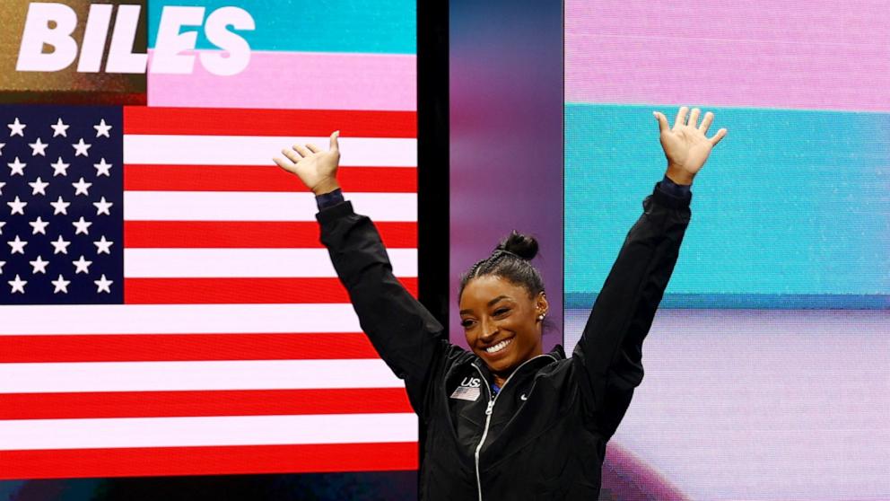 PHOTO: Simone Biles of the U.S. is introduced during the artistic gymnastics women's all-around final at the 2024 Paris Olympics, Aug. 1, 2024.