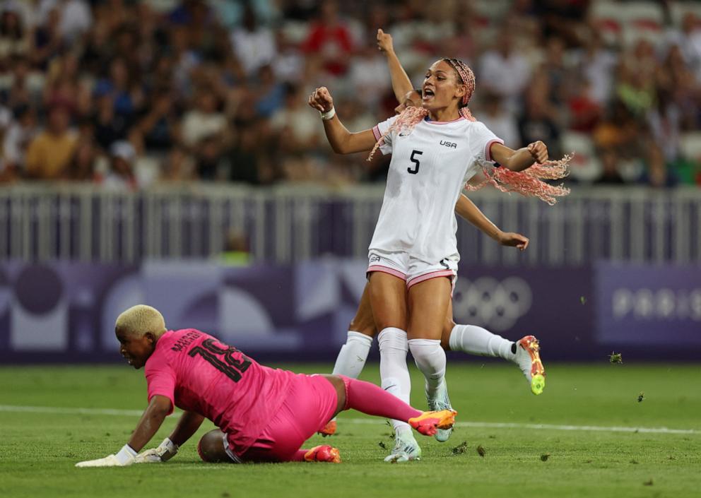 PHOTO: Trinity Rodman of the U.S scores her team's first goal against Zambia in their women's group B soccer match at the Paris 2024 Olympics, July 25, 2024, in Nice, France.