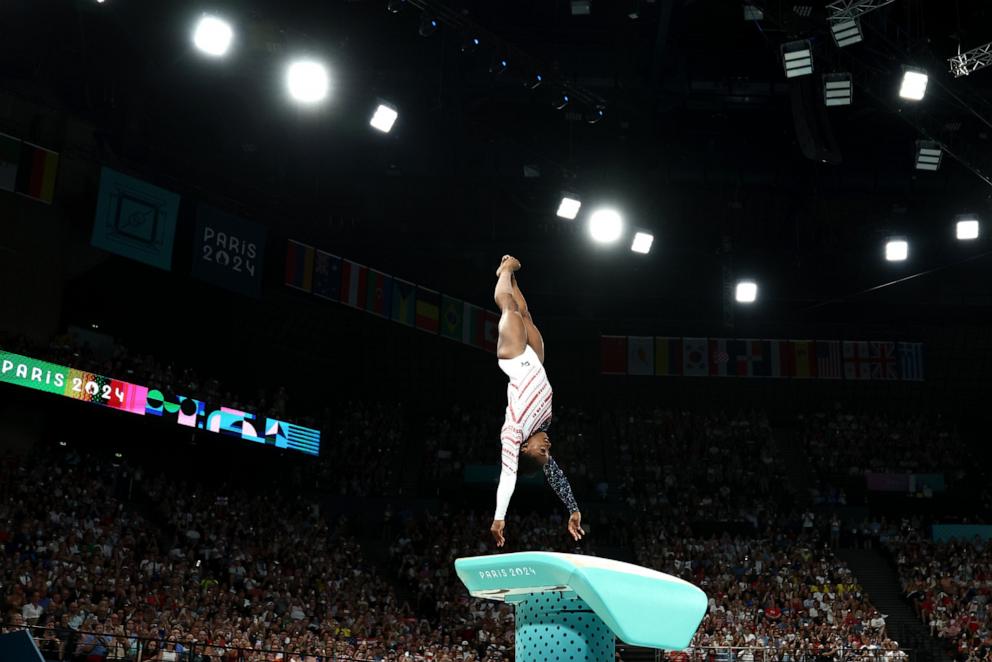 PHOTO: Simone Biles of the U.S. competes on the vault during the artistic gymnastics women's team final at the 2024 Paris Olympics, July 30, 2024.