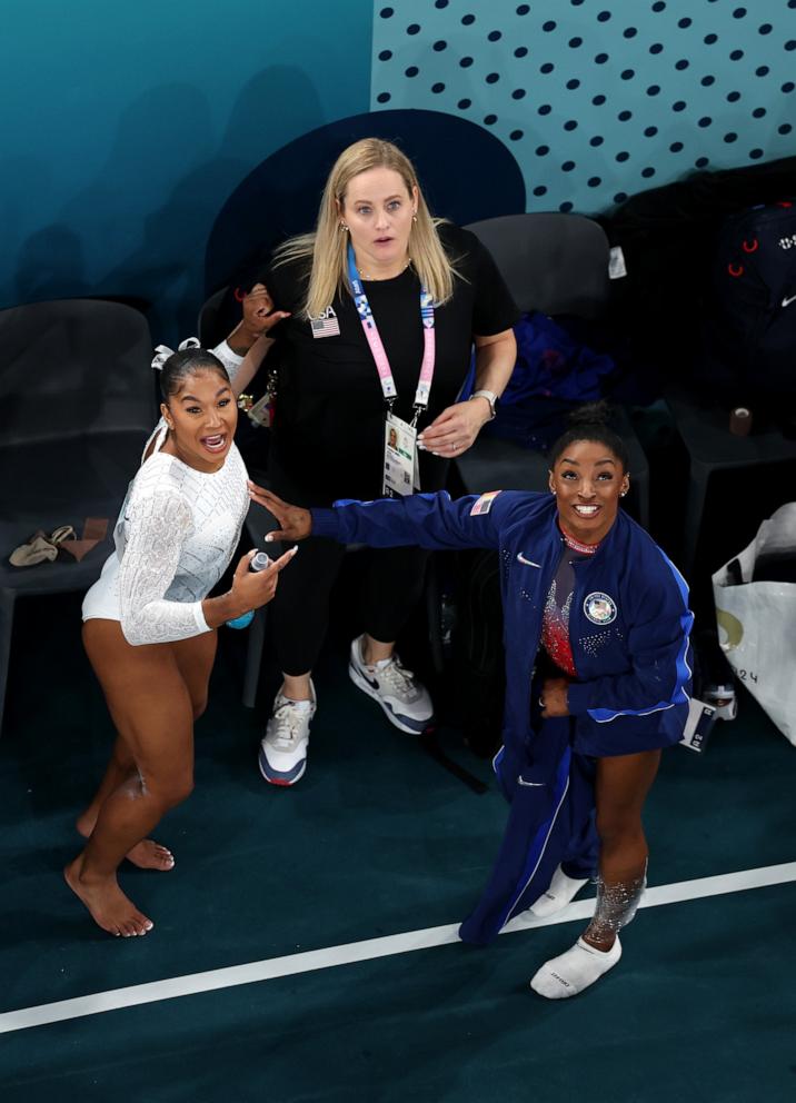 PHOTO: Silver medalist Simone Biles the U.S. and bronze medalist, Jordan Chiles of the U.S. watch the scoreboard during the women's artistic gymnastics individual floor exercise final at the 2024 Paris Olympics, Aug. 5, 2024.