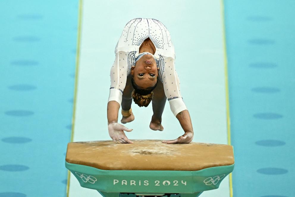 PHOTO: Brazil's Rebeca Andrade competes in the artistic gymnastics women's vault final at the 2024 Paris Olympics, Aug. 3, 2024.