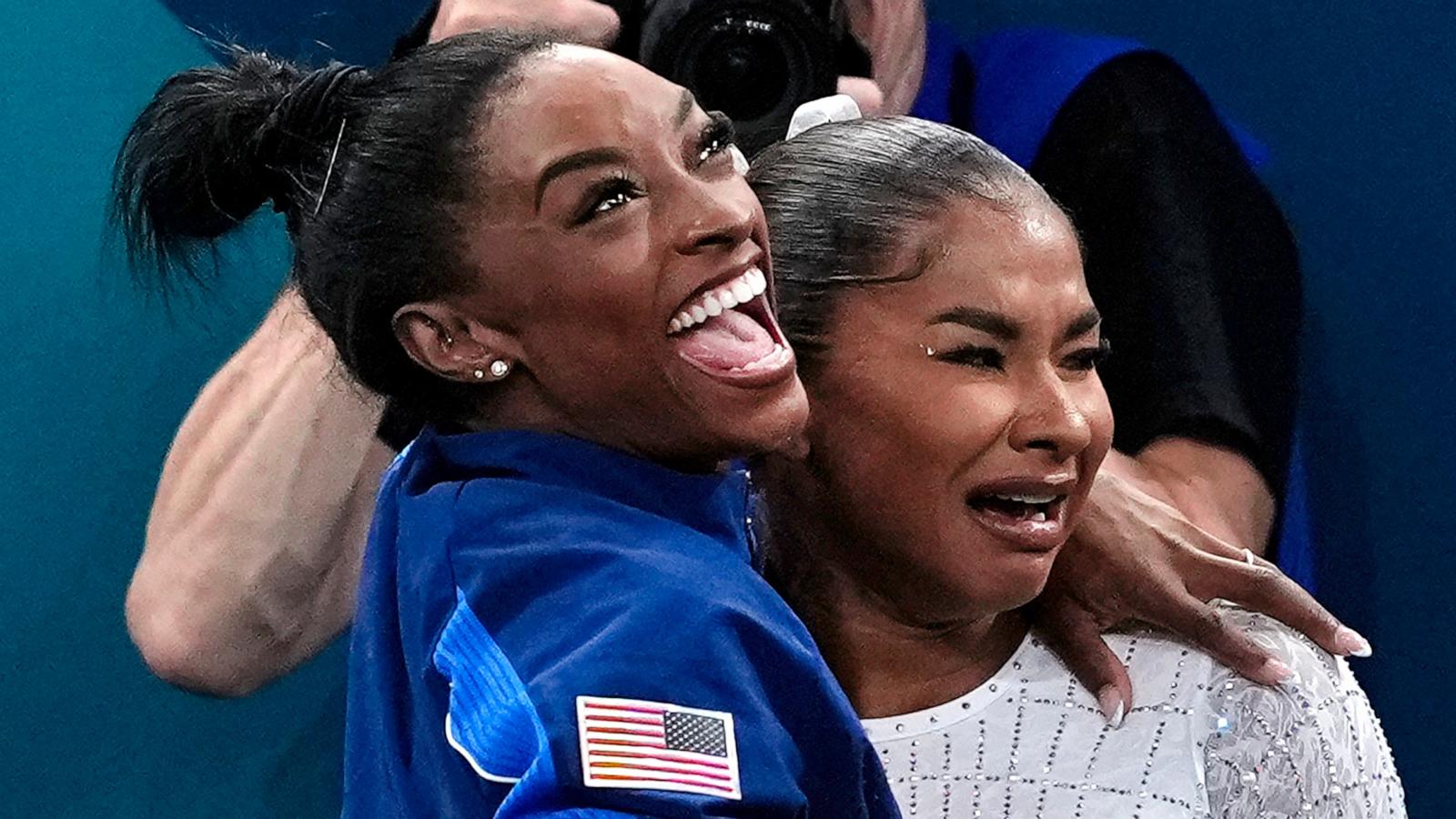 PHOTO: Silver medalist Simone Biles the U.S. hugs bronze medalist, Jordan Chiles of the U.S. during the women's artistic gymnastics individual floor exercise final at the 2024 Paris Olympics, Aug. 5, 2024.