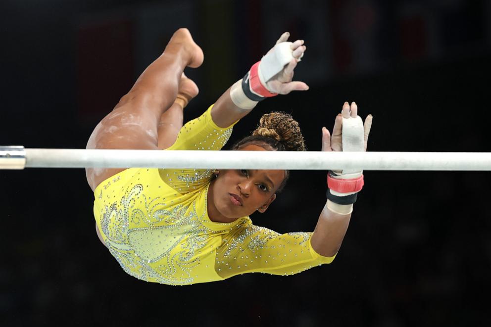 PHOTO: Rebeca Andrade of Brazil competes on the uneven bars during the artistic gymnastics women's all-around final at the 2024 Paris Olympics, Aug. 1, 2024.