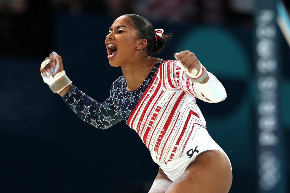 PHOTO: Jordan Chiles of the U.S. reacts after finishing her routine on the uneven bars during the artistic gymnastics women's team final at the 2024 Paris Olympics, July 30, 2024.