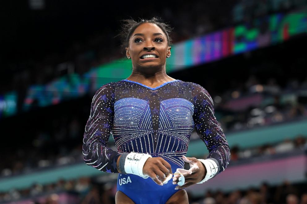 PHOTO: Simone Biles of the U.S reacts after finishing her routine on the uneven bars during the artistic gymnastics women's all-around final at the 2024 Paris Olympics, Aug. 1, 2024.