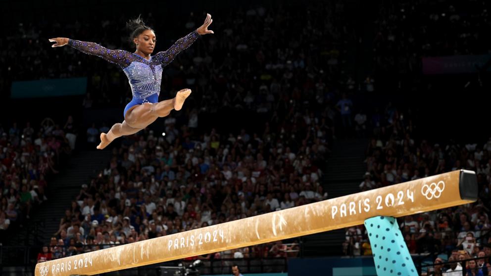 PHOTO: Simone Biles of the U.S. competes on the balance beam during the artistic gymnastics women's all-around final at the 2024 Paris Olympics, Aug. 1, 2024.