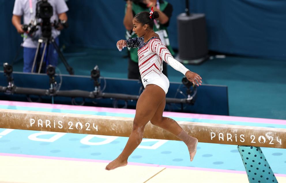 PHOTO: Jordan Chiles of U.S. falls while competing on the balance beam during the artistic gymnastics women's team final at the 2024 Paris Olympics, July 30, 2024.