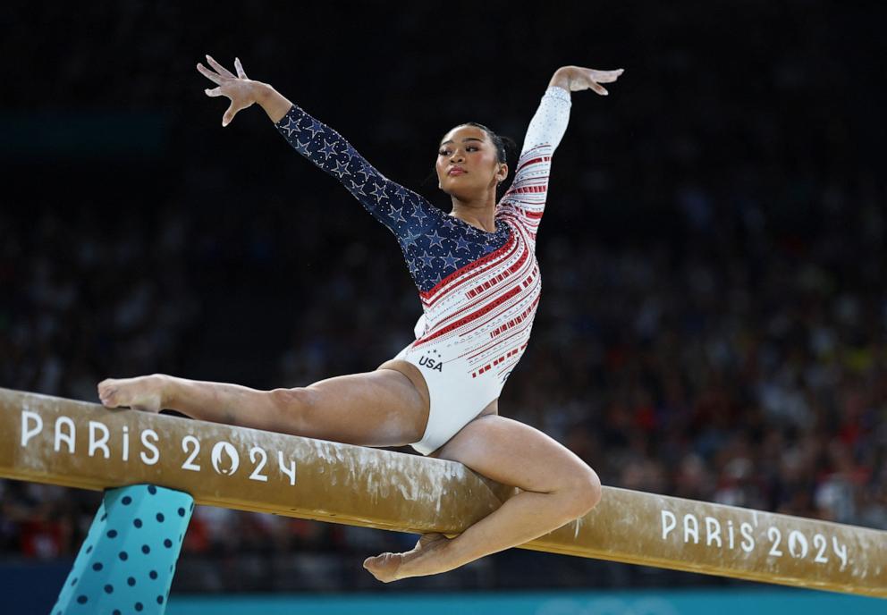 PHOTO: Sunisa Lee of U.S. competes on the balance beam during the artistic gymnastics women's team final at the 2024 Paris Olympics, July 30, 2024.