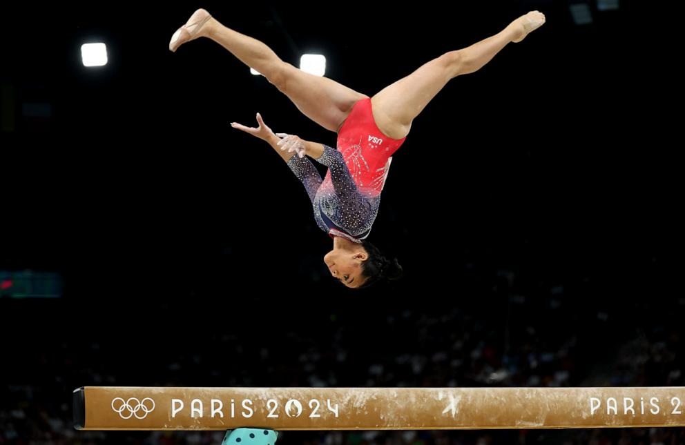 PHOTO: Sunisa Lee of the U.S. competes on the balance beam during the artistic gymnastics women's all-around final at the 2024 Paris Olympics, Aug. 1, 2024.