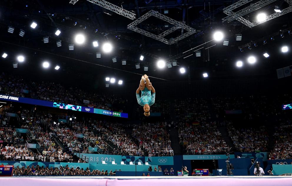 PHOTO: Rebeca Andrade of Brazil competes in the women's artistic gymnastics individual floor exercise final at the 2024 Paris Olympics, Aug. 5, 2024.