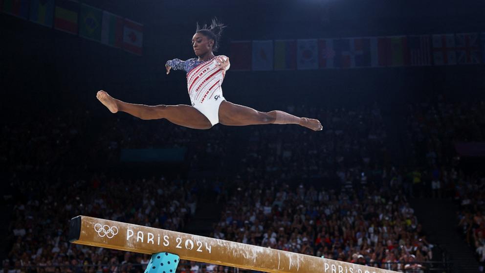 PHOTO: of U.S. competes on the balance beam during the artistic gymnastics women's team final at the 2024 Paris Olympics, July 30, 2024.