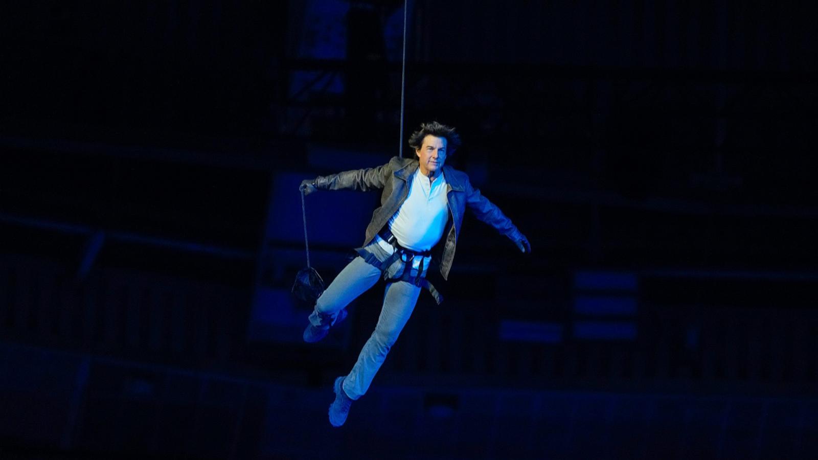 PHOTO: Actor Tom Cruise is lowered into the State de France from the roof during the Closing Ceremony of the 2024 Paris Olympics, Aug. 11, 2024.