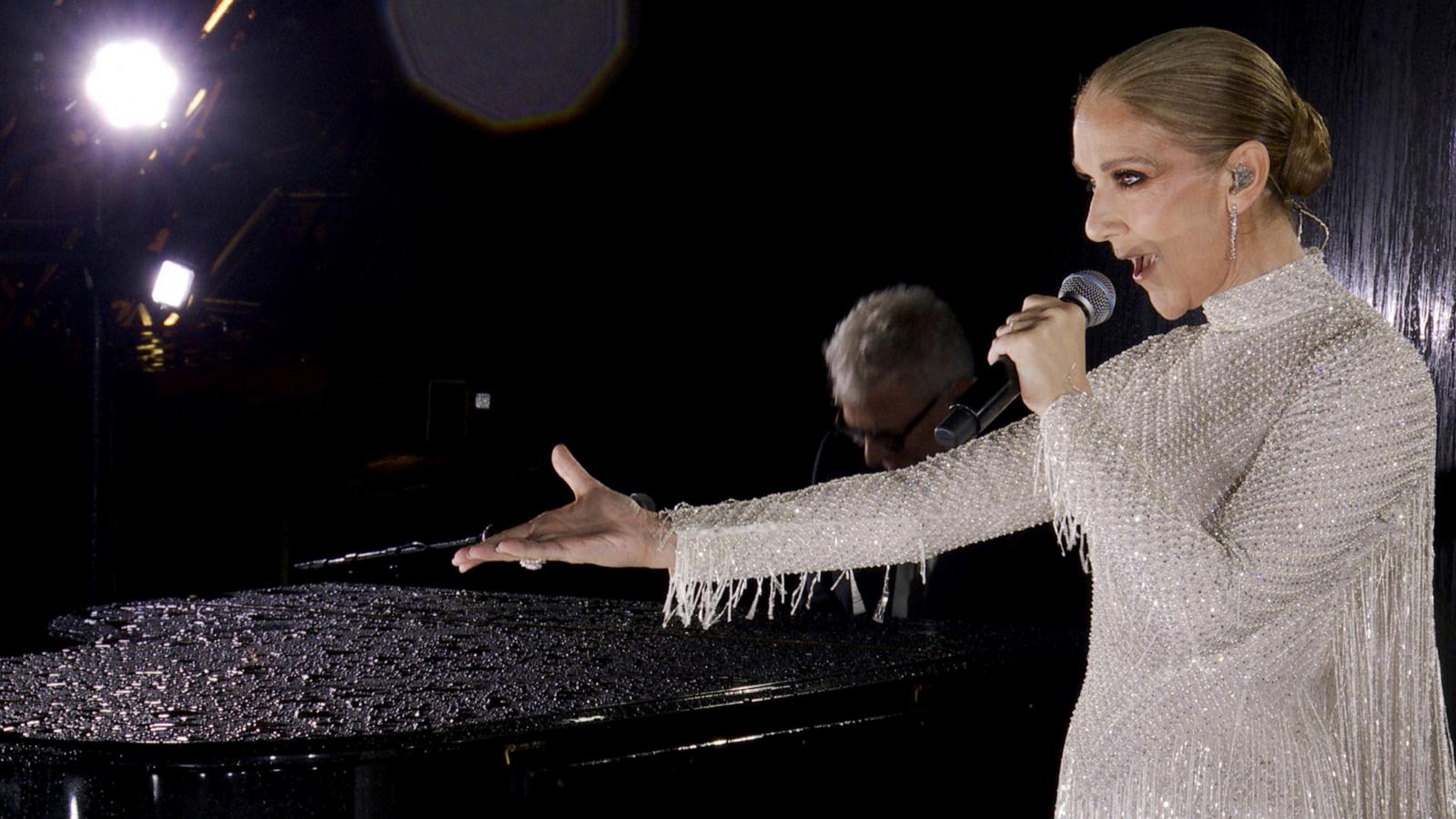 PHOTO: Canadian Singer Celine Dion performs on the Eiffel Tower during the conclusion of the opening ceremony for the 2024 Paris Olympics, July 26, 2024.