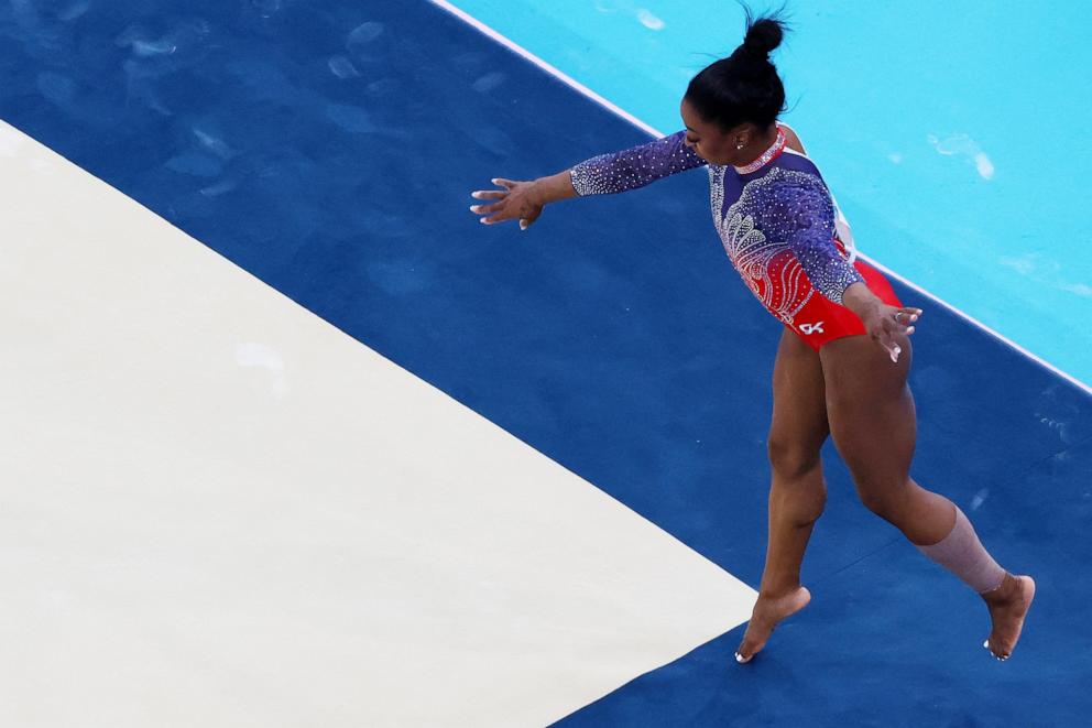 PHOTO: Simone Biles the U.S. steps out of bounds as she competes in the women's artistic gymnastics individual floor exercise final at the 2024 Paris Olympics, Aug. 5, 2024.