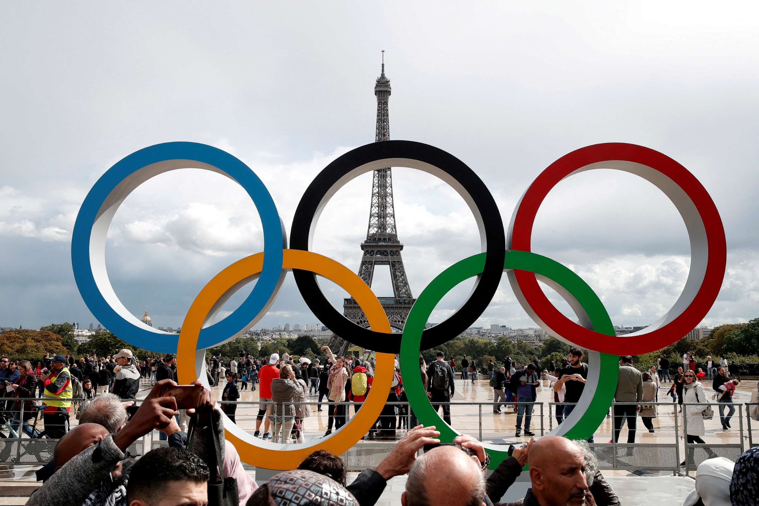 PHOTO: In this file photo, Olympic rings to celebrate the IOC official announcement that Paris won the 2024 Olympic bid are seen in front of the Eiffel Tower at the Trocadero square in Paris, France, Sep. 16, 2017.