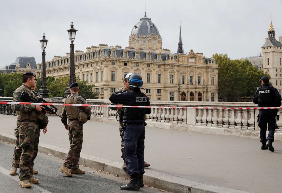 PHOTO: French police secure the area in front of the Paris Police headquarters in Paris, Oct. 3, 2019.