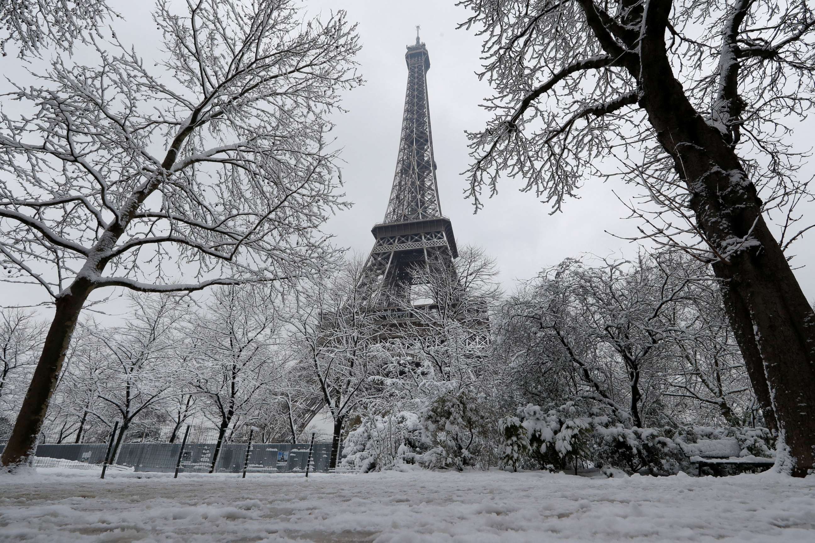 PHOTO: Snow-covered trees are seen near the Eiffel Tower in Paris, as winter weather with snow and freezing temperatures arrive in France, Feb. 7, 2018. 