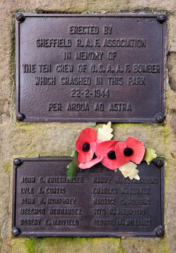 PHOTO: The memorial honoring 10 U.S. airmen who died in a plane crash, Feb. 22, 1944, in Endcliffe Park, Sheffield, England, is seen, Feb. 13, 2019.