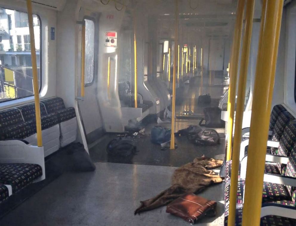 PHOTO: A handout picture, released by the Metropolitan police service on March 16, 2018, shows an empty London Underground train carriage after an explosive device was detonated on Sept. 15, 2017. 