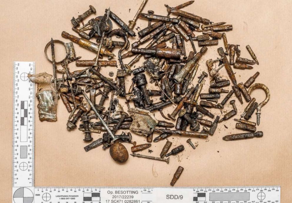 A handout picture, released by the Metropolitan police service on March 16, 2018, shows components recovered from an explosive device left by Iraqi asylum seeker Ahmed Hassan on a London Underground train at Parsons Green tube station on Sept. 15, 2017. 