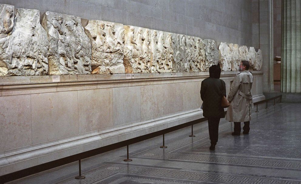 PHOTO: 3A frieze which forms part of the Elgin Marbles, taken from the Parthenon in Athens, Greece almost two hundred years ago by the British aristocrat, the Earl of Elgin, are on display Jan, 21, 2002, at the British Museum in London.