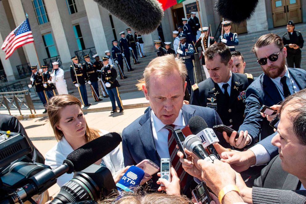 PHOTO: Acting U.S. Secretary of Defense Patrick Shanahan speaks to reporters before his meeting with his Portuguese counterpart Joao Gomes Cravinho at the Pentagon in Washington, D.C., on June 14, 2019.