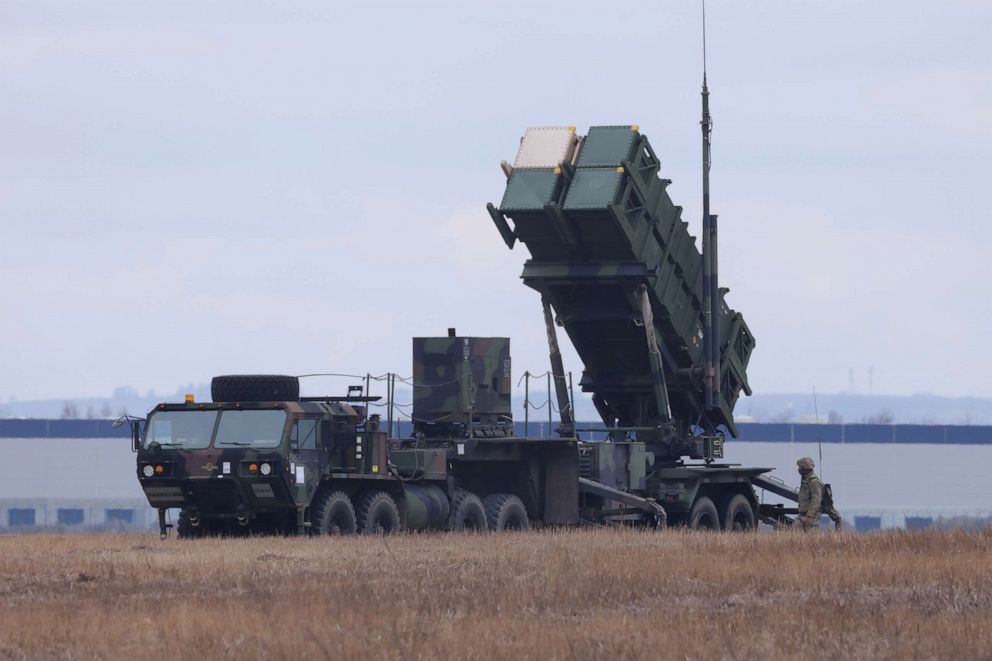 PHOTO: A U.S. Army MIM-104 Patriot anti-missile defense launcher stands pointing east at Rzeszow Jasionska airport, currently being used by the U.S. Army's 82nd Airborne Division, on March 08, 2022 near Rzeszow, Poland.