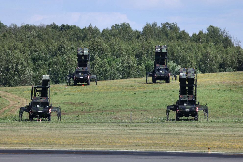 PHOTO: Patriot air defense missile systems stand near the tarmac at Vilnius International Airport on July 8, 2023, in Vilnius, Lithuania.