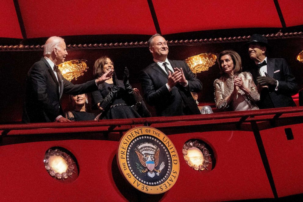 PHOTO: President Joe Biden, Vice President Kamala Harris, second gentleman Doug Emhoff, Speaker of the House Nancy Pelosi, and Paul Pelosi attend the 45th Kennedy Center Honors in Washington, DC,  Dec. 4, 2022.
