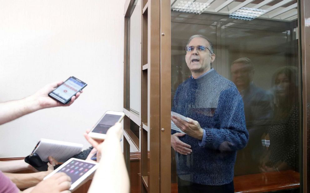 PHOTO: Former U.S. Marine Paul Whelan, who was detained in Russia and accused of espionage, speaks inside a defendants' cage during a court hearing to consider an appeal to extend his detention in Moscow, June 20, 2019.